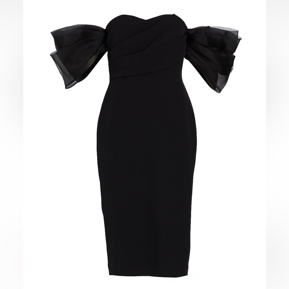 Badgley Mischka Organza Puff-Sleeve Cocktail Midi-Dress 10